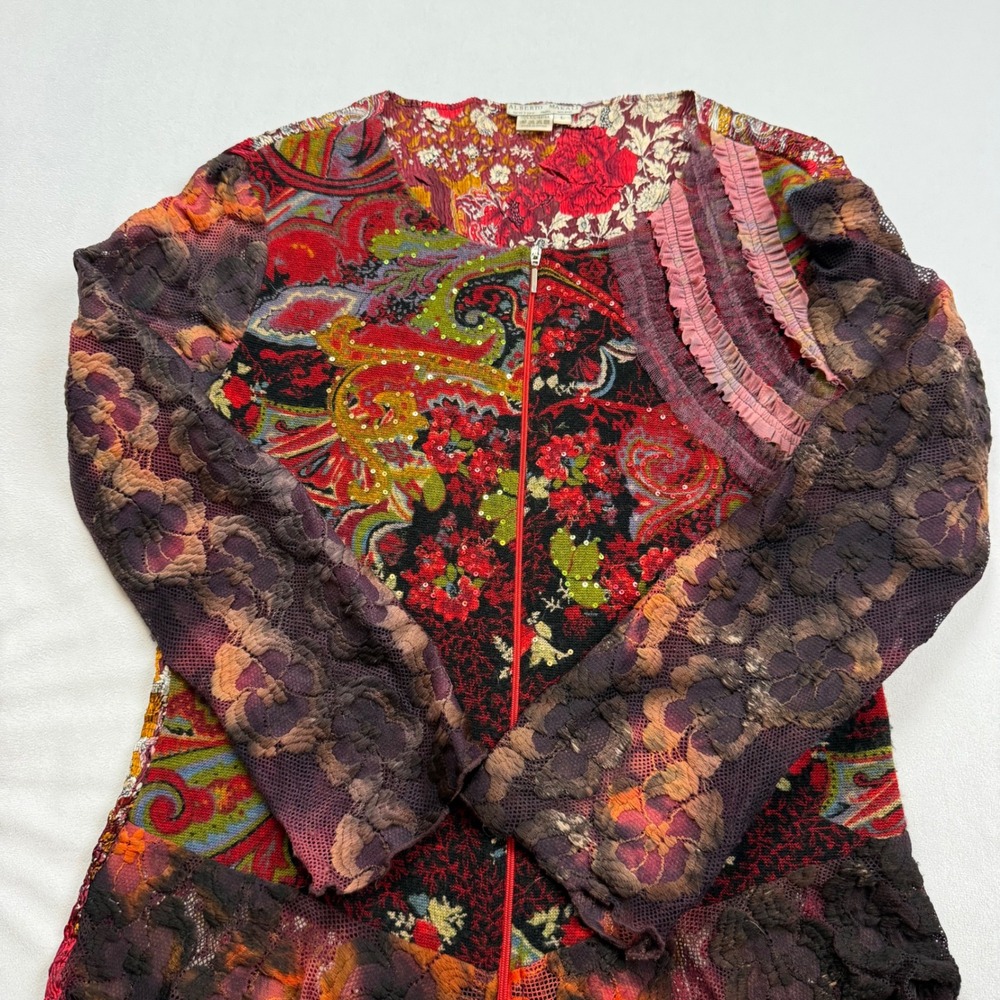 Alberto Makali Womens Red Paisley Floral Sequin Lace Zip Front Top Large - Picture 8 of 9